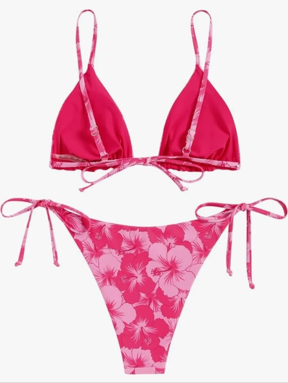 🌸Zaful Hot Pink Floral Tie-Side Triangle Bikini Reversable Swimwear Medium🌸